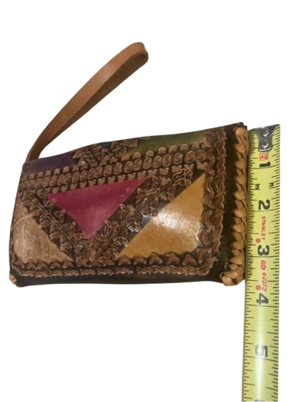 Handcrafted Multicolor Patchwork Pattern Tooled Leather Wristlet Clutch